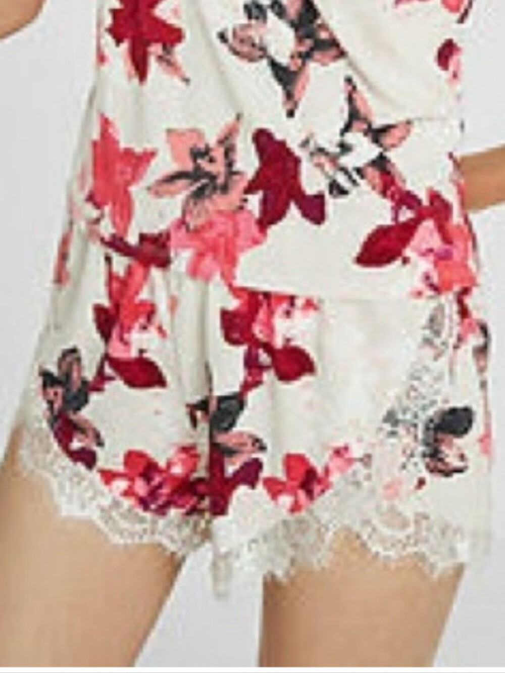 Express One Eleven Floral Lace-Trim Satin Sleep Shorts.